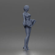 Cheerful girl twirling skirt playfully posing confidently in strappy heels - Only-Games