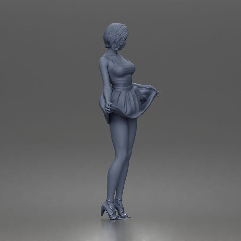 Cheerful girl twirling skirt playfully posing confidently in strappy heels - Only-Games
