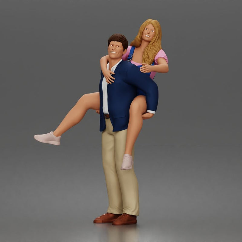 Man Giving Woman Piggyback Ride In Blazer Overalls And Sneakers - Only-Games