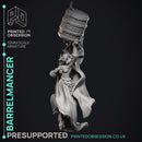 Barrelmancer - Female Mage -  PRESUPPORTED - Illustrated and Stats - 32mm scale