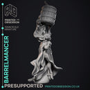 Barrelmancer - Female Mage -  PRESUPPORTED - Illustrated and Stats - 32mm scale