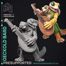 Geckold Bard - Geckolds -  PRESUPPORTED - Illustrated and Stats - 32mm scale