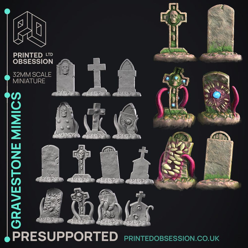 Grave Stone Mimics - 14 Models - Halloween -  PRESUPPORTED - Illustrated and Stats - 32mm scale