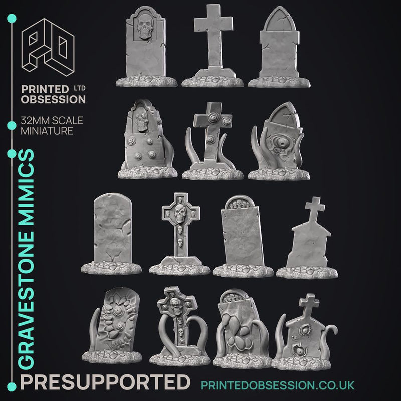 Grave Stone Mimics - 14 Models - Halloween -  PRESUPPORTED - Illustrated and Stats - 32mm scale