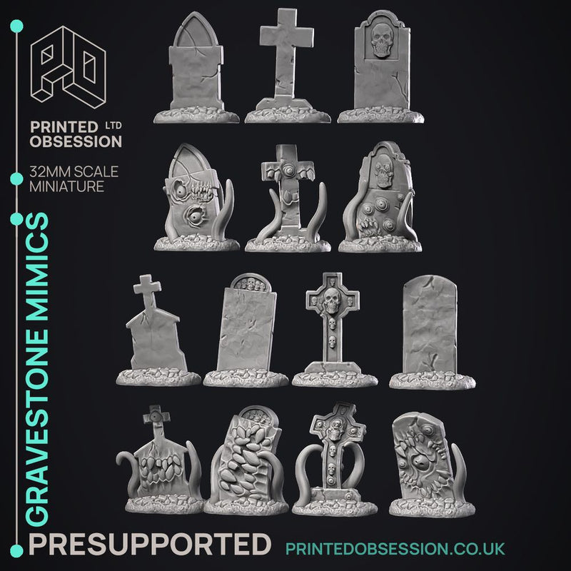 Grave Stone Mimics - 14 Models - Halloween -  PRESUPPORTED - Illustrated and Stats - 32mm scale