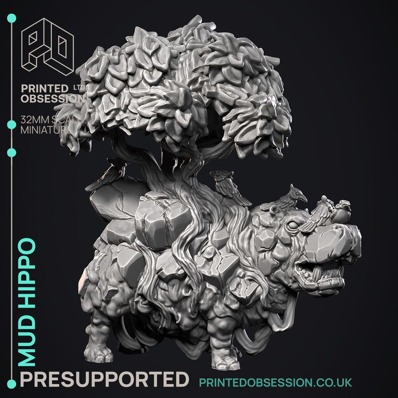 Mud Hippo - Elemental Creature -  PRESUPPORTED - Illustrated and Stats - 32mm scale