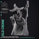 Old Crone - Witch -  PRESUPPORTED - Illustrated and Stats - 32mm scale