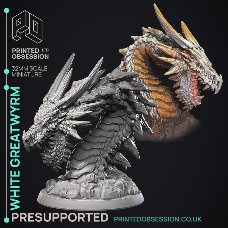 White  Greatwyrm - Dragon Wyrm -  PRESUPPORTED - Illustrated and Stats - 32mm scale