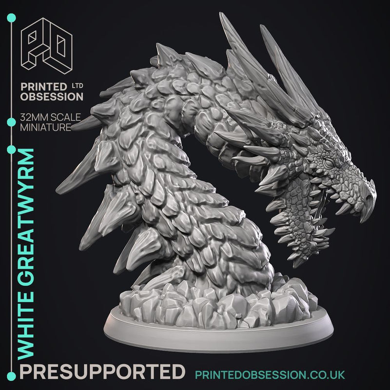 White  Greatwyrm - Dragon Wyrm -  PRESUPPORTED - Illustrated and Stats - 32mm scale