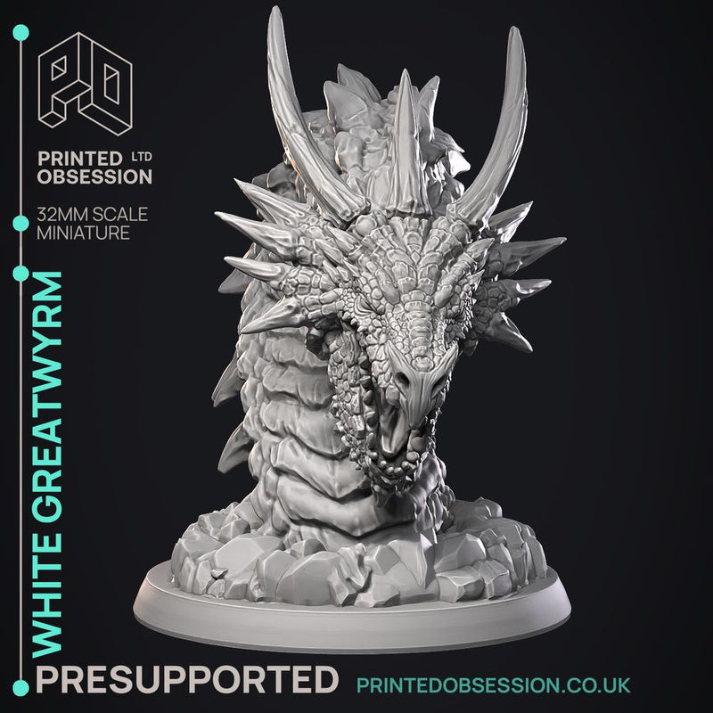 White  Greatwyrm - Dragon Wyrm -  PRESUPPORTED - Illustrated and Stats - 32mm scale