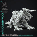 Armoured Wolf - Large Creature - Hunting Party -  PRESUPPORTED - Illustrated and Stats - 32mm scale