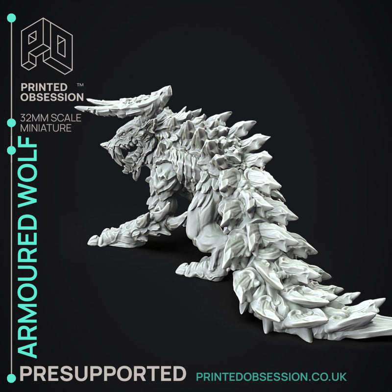 Armoured Wolf - Large Creature - Hunting Party -  PRESUPPORTED - Illustrated and Stats - 32mm scale - Only-Games
