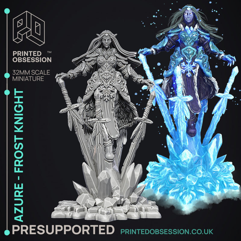 Azure - Frost Knight - Godly Avatars -  PRESUPPORTED - Illustrated and Stats - 32mm scale
