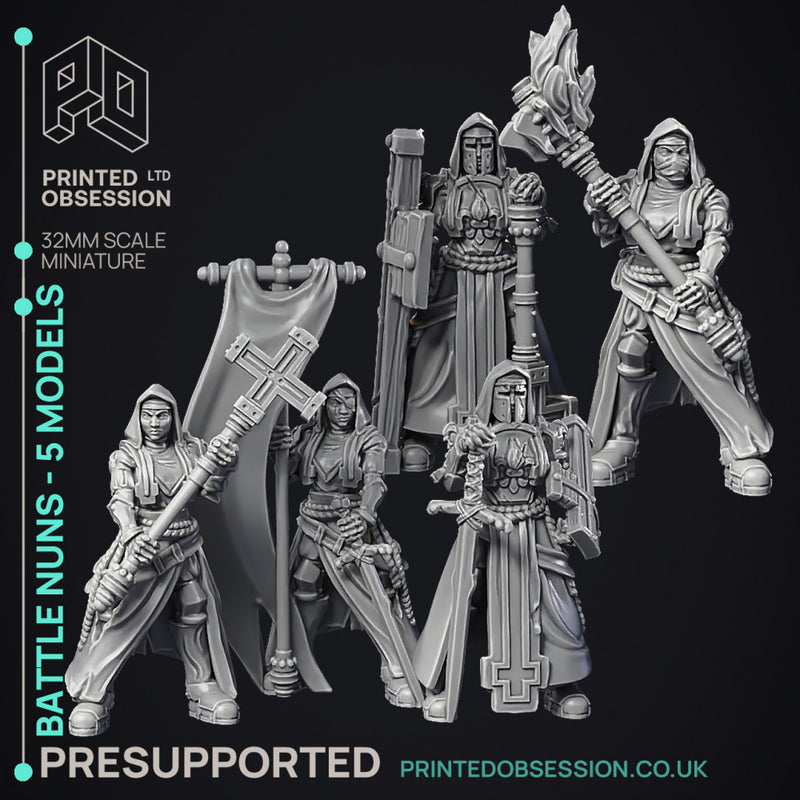 Battle Nuns - 5 Models - PRESUPPORTED - Heaven Hath No Fury - 32 mmm