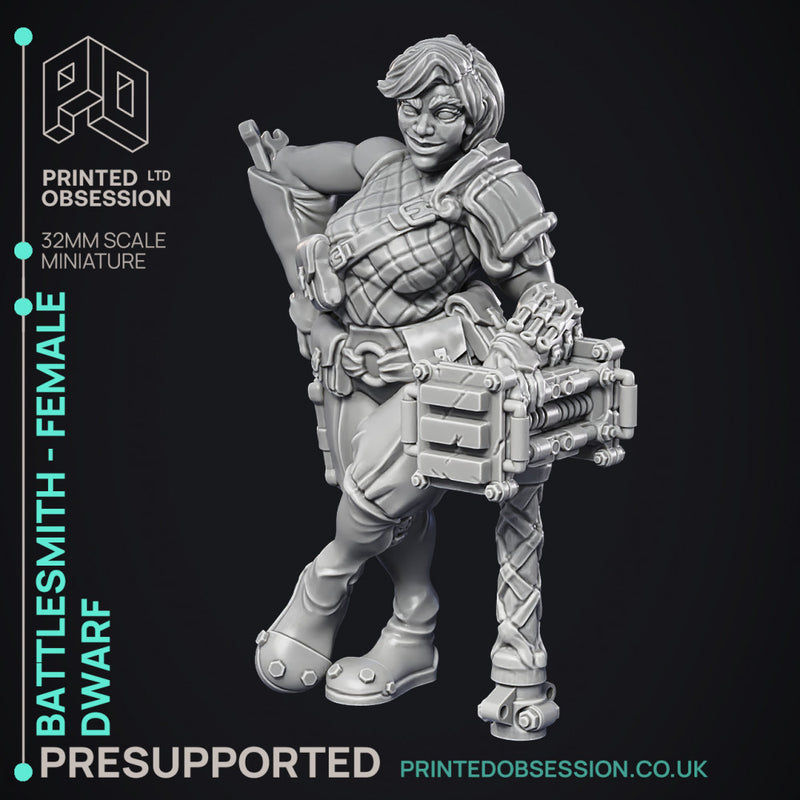 Battlesmith - Artificer- Female Dwarf - PRESUPPORTED - 32mm Scale