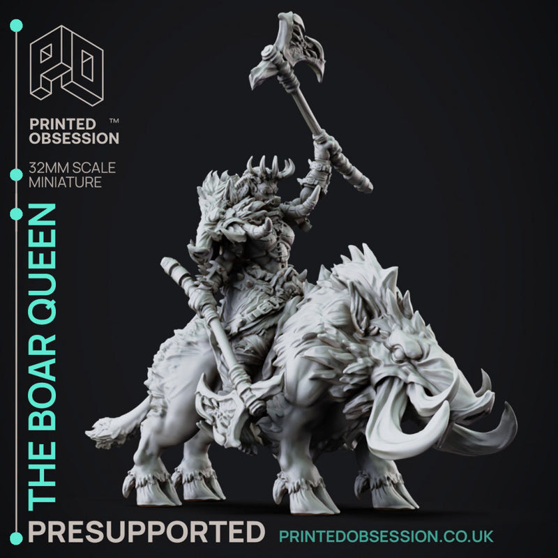 The Boar Queen - Female Orc Warlord - PRESUPPORTED - 32mm Scale - mounted and standing versions included.