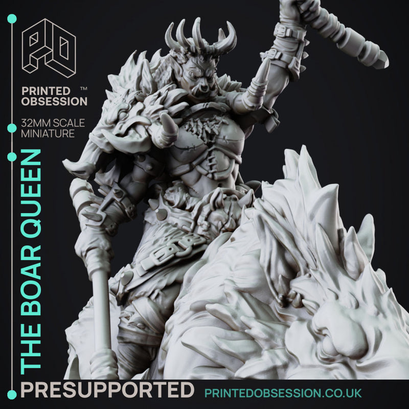 The Boar Queen - Female Orc Warlord - PRESUPPORTED - 32mm Scale - mounted and standing versions included.