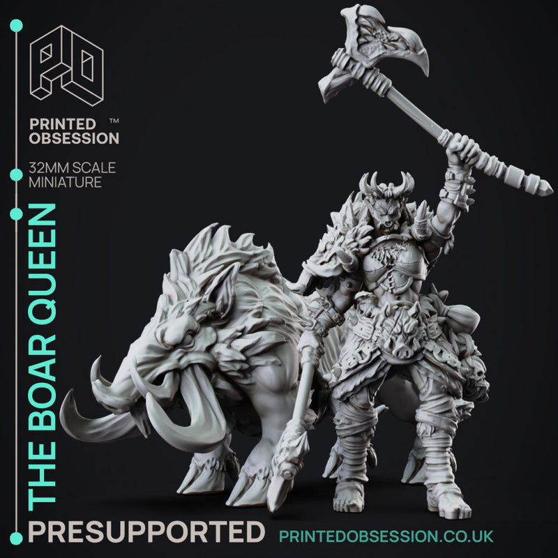 The Boar Queen - Female Orc Warlord - PRESUPPORTED - 32mm Scale - mounted and standing versions included.