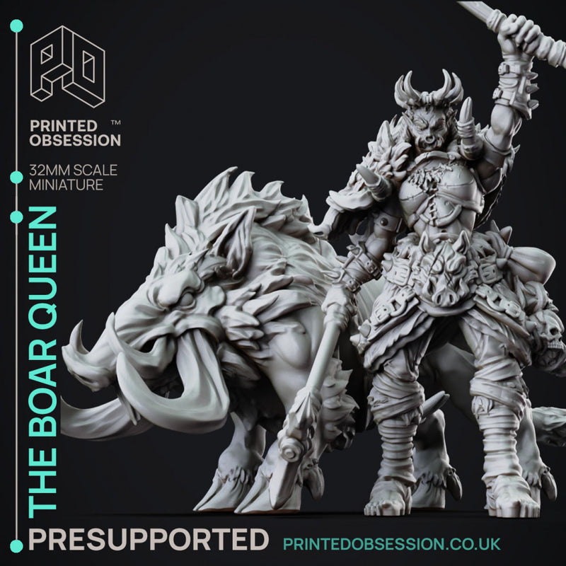 The Boar Queen - Female Orc Warlord - PRESUPPORTED - 32mm Scale - mounted and standing versions included.