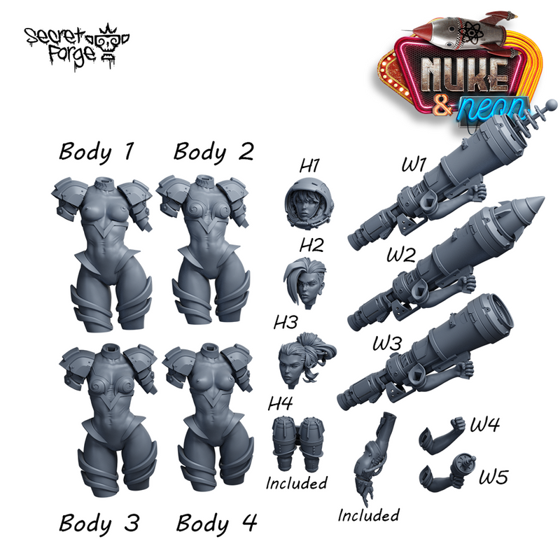 [Neon Bust Pack] Nuke and Neon retro sci-fi and cyberpunk pinup 75mm and 120mm scales