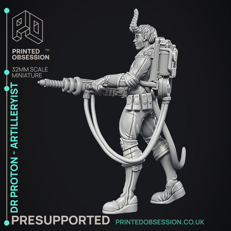 Artificer Artilleryist - Dr Proton - Ghast Busters -  PRESUPPORTED - Illustrated and Stats - 32mm scale