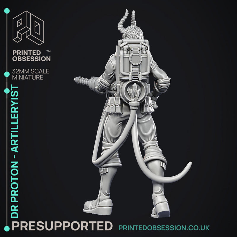 Artificer Artilleryist - Dr Proton - Ghast Busters -  PRESUPPORTED - Illustrated and Stats - 32mm scale