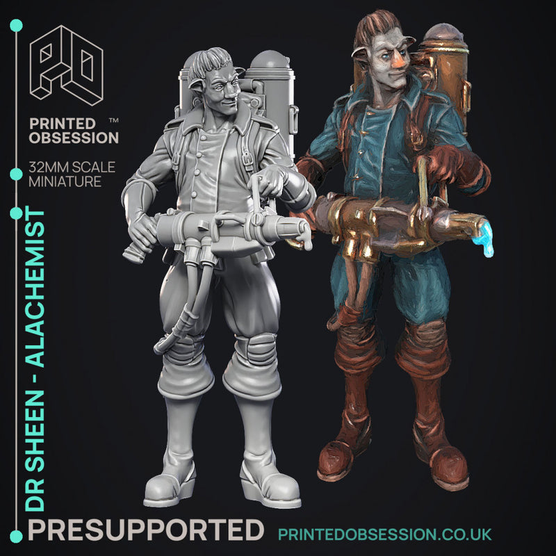Alchemist - Dr Sheen - Ghast busters -  PRESUPPORTED - Illustrated and Stats - 32mm scale