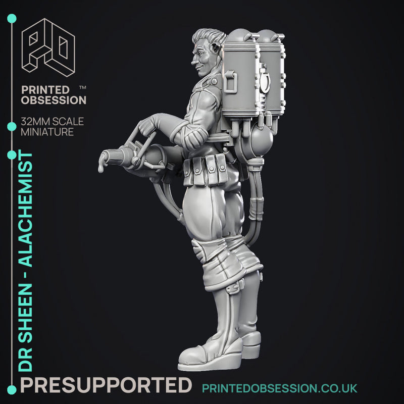 Alchemist - Dr Sheen - Ghast busters -  PRESUPPORTED - Illustrated and Stats - 32mm scale