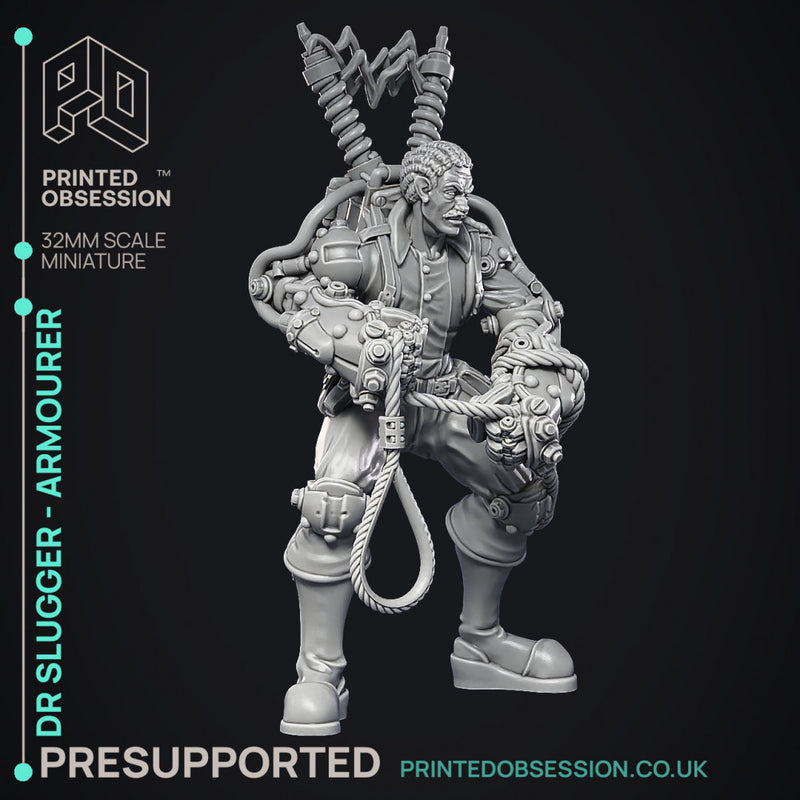 Armourer Alchemist - Dr Slugger - Ghast Buster -  PRESUPPORTED - Illustrated and Stats - 32mm scale