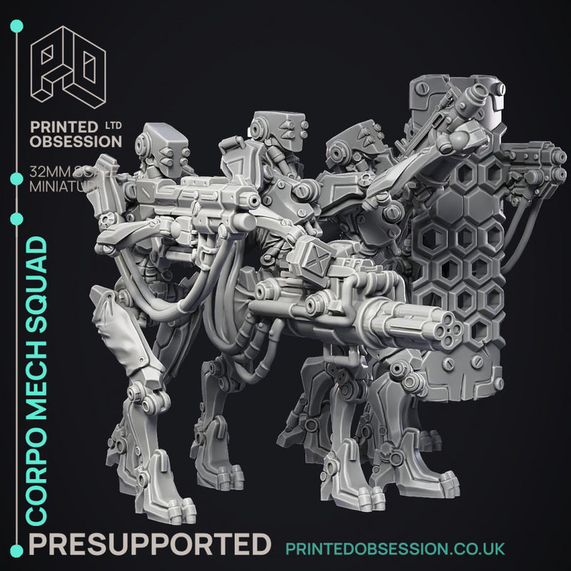Corprate Mech Squad - 4 Cyberpunk Models - PRESUPPORTED - 32mm scale