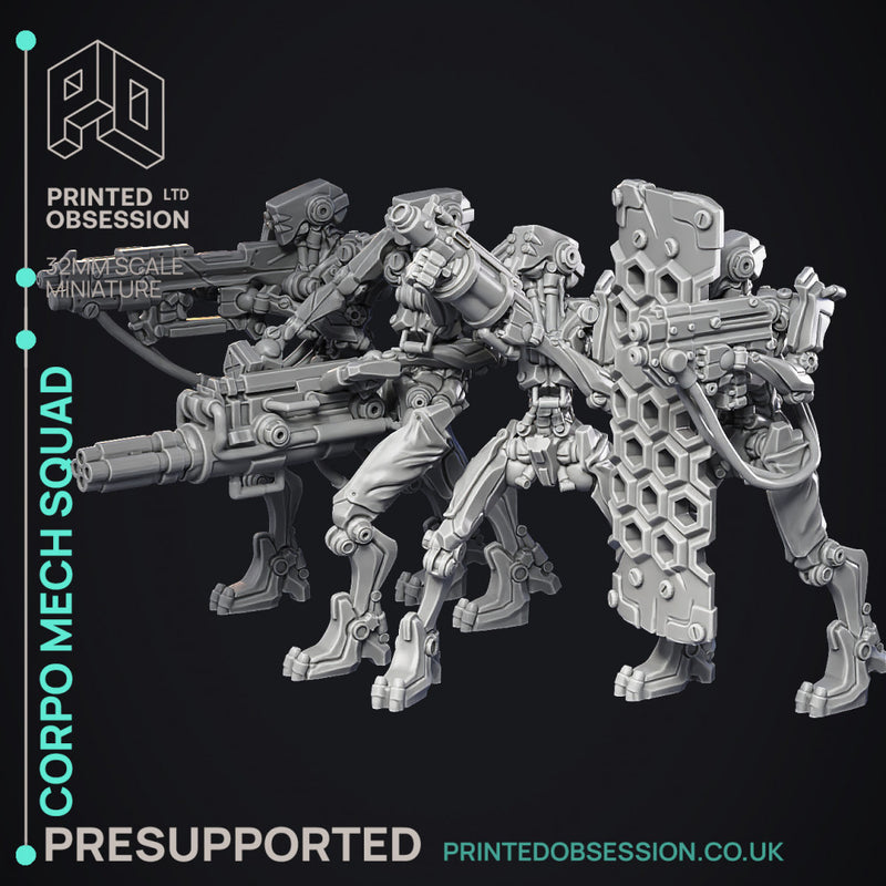 Corprate Mech Squad - 4 Cyberpunk Models - PRESUPPORTED - 32mm scale