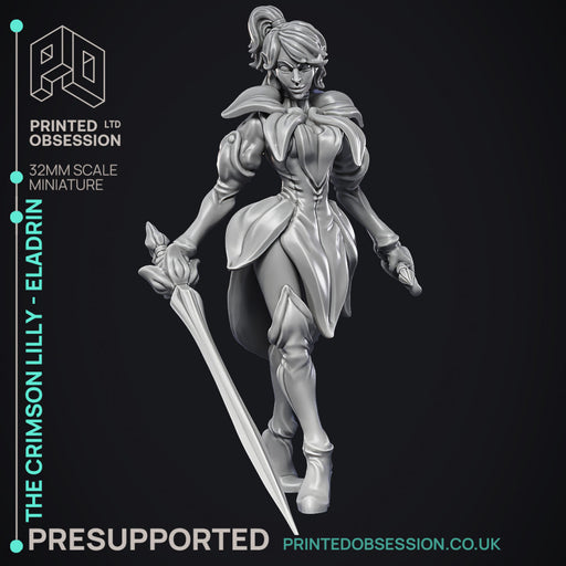 Crimson Lilly - Eladrin - Hero Miniature & 8 Extra Wepons - PRESUPPORTED - 32mm scale - Only-Games