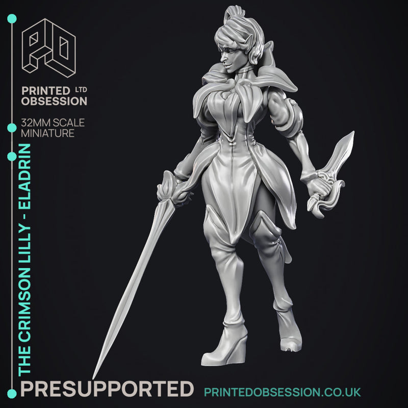 Crimson Lilly - Eladrin - Hero Miniature & 8 Extra Wepons - PRESUPPORTED - 32mm scale