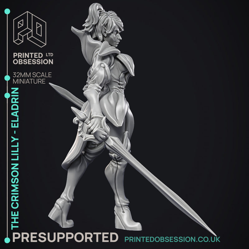 Crimson Lilly - Eladrin - Hero Miniature & 8 Extra Wepons - PRESUPPORTED - 32mm scale