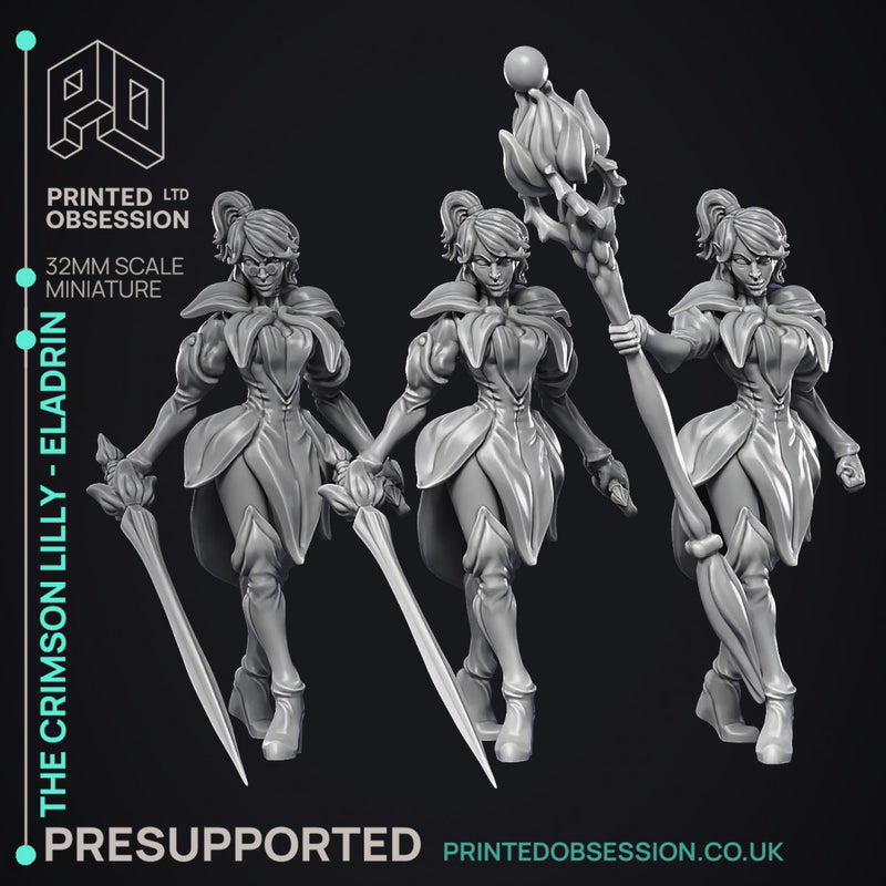 Crimson Lilly - Eladrin - Hero Miniature & 8 Extra Wepons - PRESUPPORTED - 32mm scale