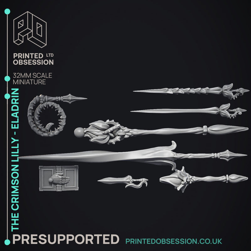 Crimson Lilly - Eladrin - Hero Miniature & 8 Extra Wepons - PRESUPPORTED - 32mm scale