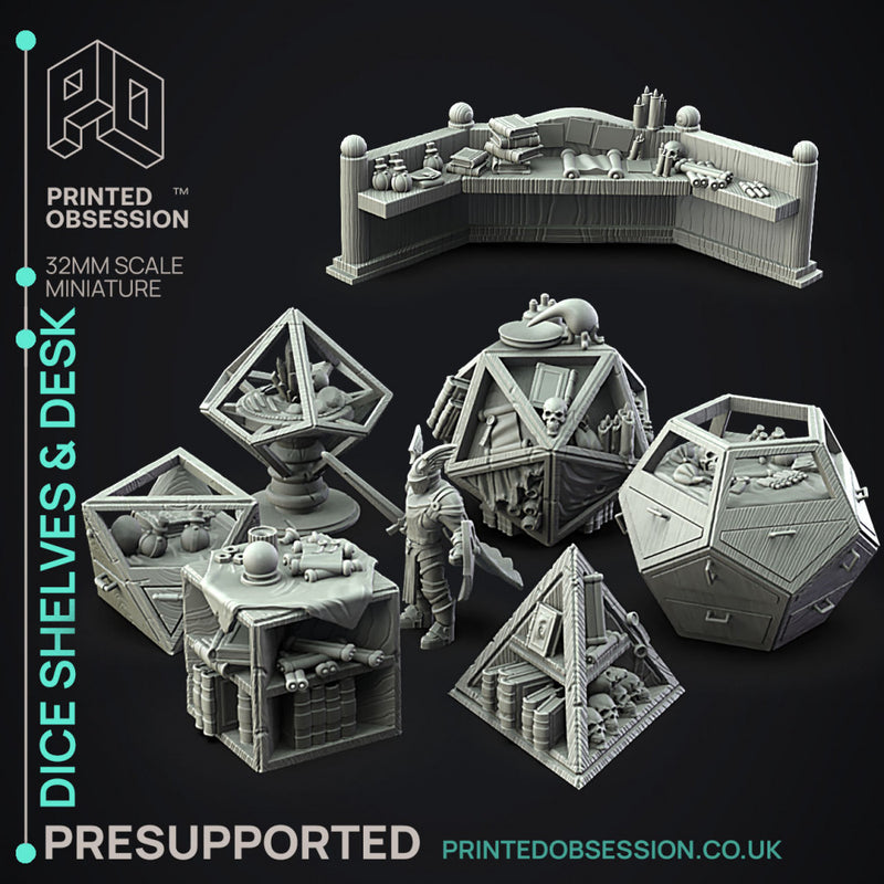 Dice Shelves & Desk - 7 Enviromental Model - Side Quest Shop -  PRESUPPORTED - Illustrated and Stats - 32mm scale