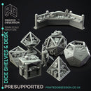 Dice Shelves & Desk - 7 Enviromental Model - Side Quest Shop -  PRESUPPORTED - Illustrated and Stats - 32mm scale