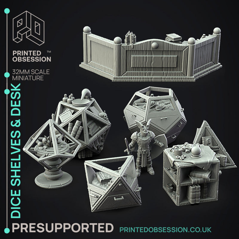 Dice Shelves & Desk - 7 Enviromental Model - Side Quest Shop -  PRESUPPORTED - Illustrated and Stats - 32mm scale