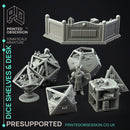 Dice Shelves & Desk - 7 Enviromental Model - Side Quest Shop -  PRESUPPORTED - Illustrated and Stats - 32mm scale