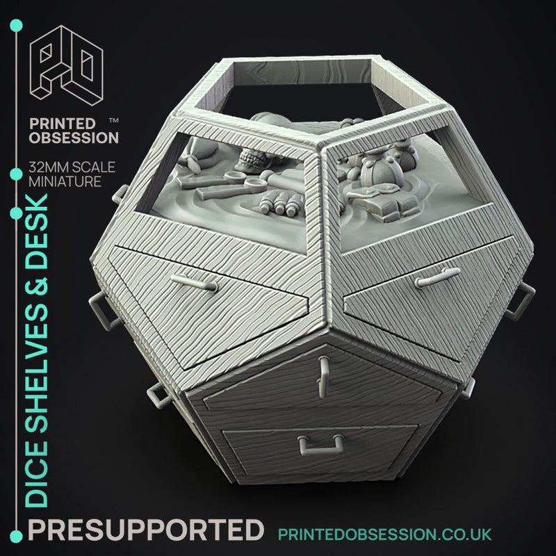 Dice Shelves & Desk - 7 Enviromental Model - Side Quest Shop -  PRESUPPORTED - Illustrated and Stats - 32mm scale