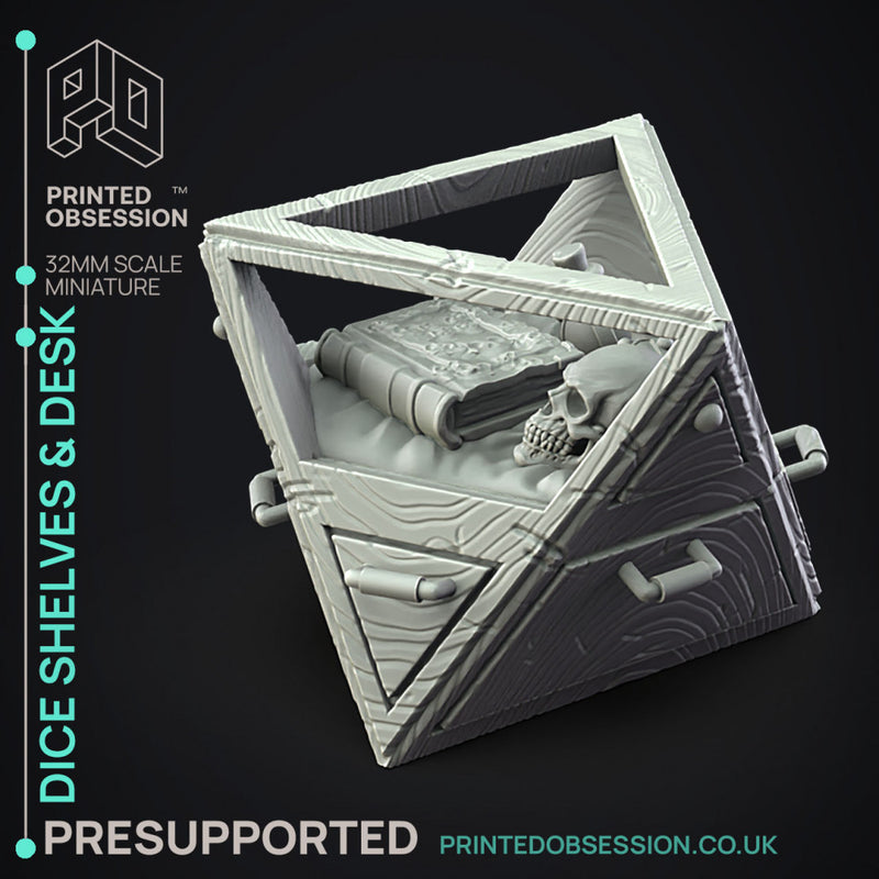 Dice Shelves & Desk - 7 Enviromental Model - Side Quest Shop -  PRESUPPORTED - Illustrated and Stats - 32mm scale
