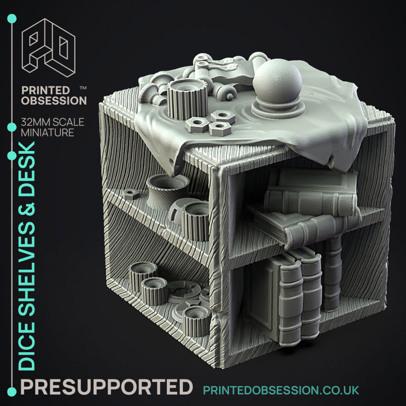 Dice Shelves & Desk - 7 Enviromental Model - Side Quest Shop -  PRESUPPORTED - Illustrated and Stats - 32mm scale