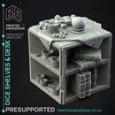 Dice Shelves & Desk - 7 Enviromental Model - Side Quest Shop -  PRESUPPORTED - Illustrated and Stats - 32mm scale