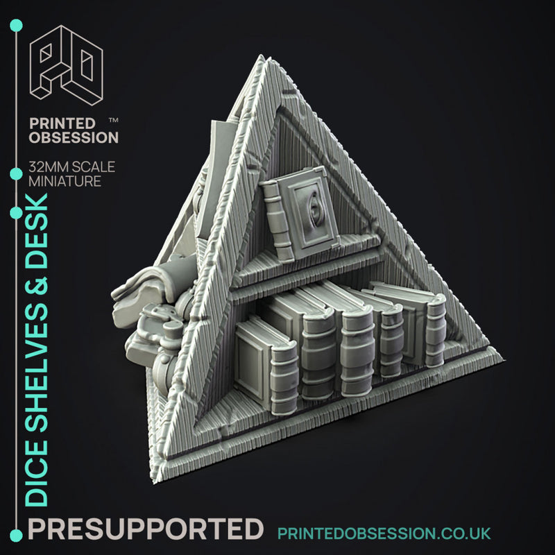 Dice Shelves & Desk - 7 Enviromental Model - Side Quest Shop -  PRESUPPORTED - Illustrated and Stats - 32mm scale