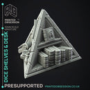 Dice Shelves & Desk - 7 Enviromental Model - Side Quest Shop -  PRESUPPORTED - Illustrated and Stats - 32mm scale