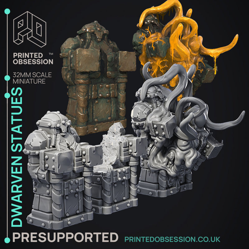 Dwarven Statues - Hidden Mimic - Scrap Wastes -  PRESUPPORTED - Illustrated and Stats - 32mm scale