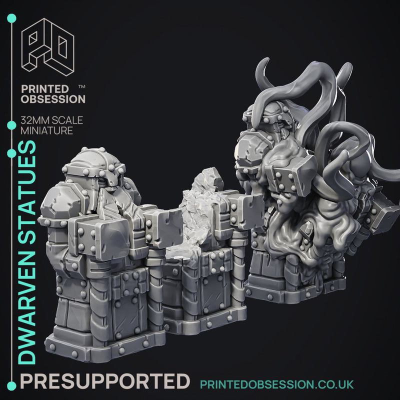 Dwarven Statues - Hidden Mimic - Scrap Wastes -  PRESUPPORTED - Illustrated and Stats - 32mm scale