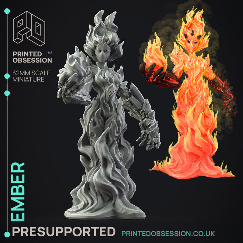 Ember - Fire Elemental -  PRESUPPORTED - Illustrated and Stats - 32mm scale - Only-Games