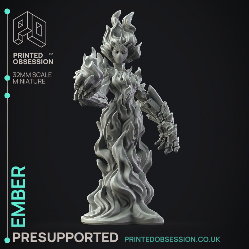 Ember - Fire Elemental -  PRESUPPORTED - Illustrated and Stats - 32mm scale - Only-Games